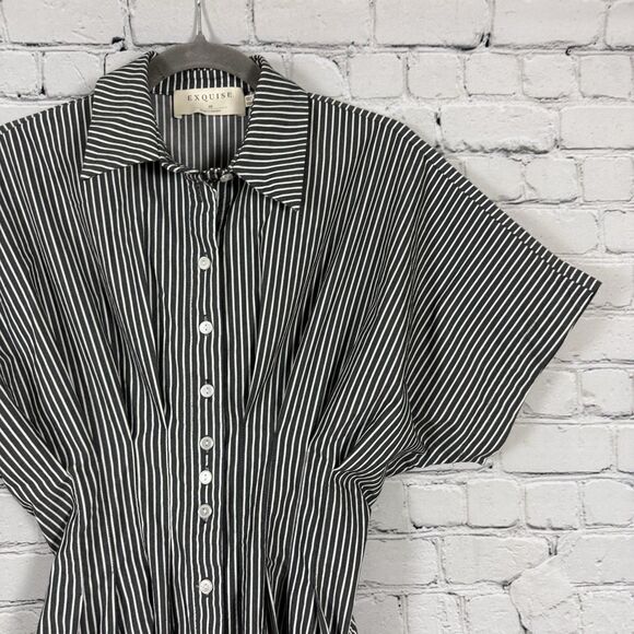 Anthropologie EXQUISE Mini Tobie Shirtdress Dress Charcoal Combo Stripe XS - Picture 7 of 13